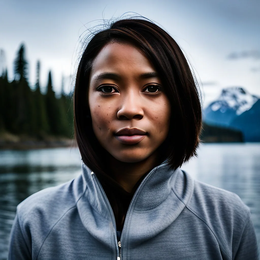 portrait of a contemplative young woman named emma with medium length dark hair, wearing a grey jacket, against a backdrop of a tranquil lake and mountains